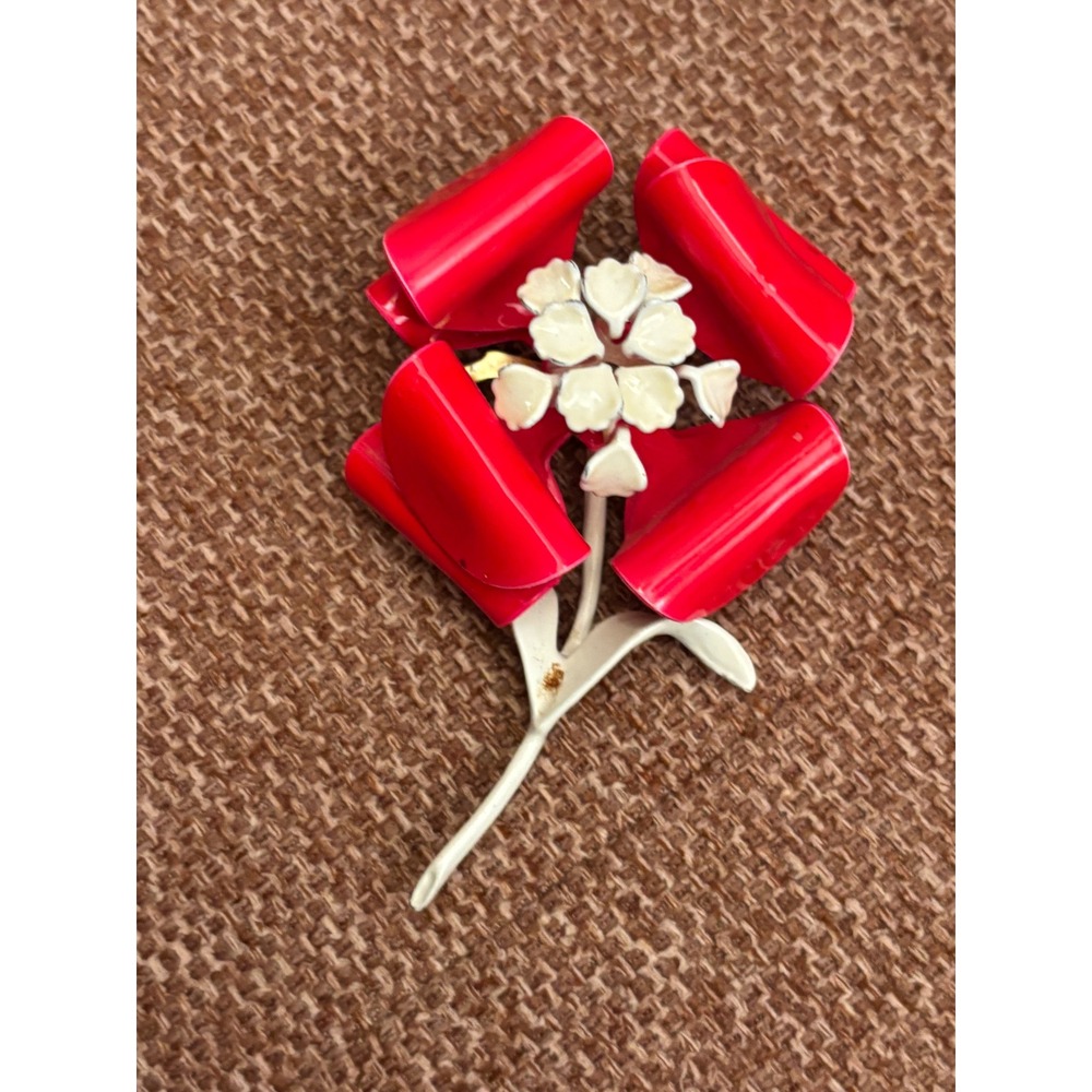 Vintage Red White Enamel Flower Brooch Pin Mid Century Floral Jewelry